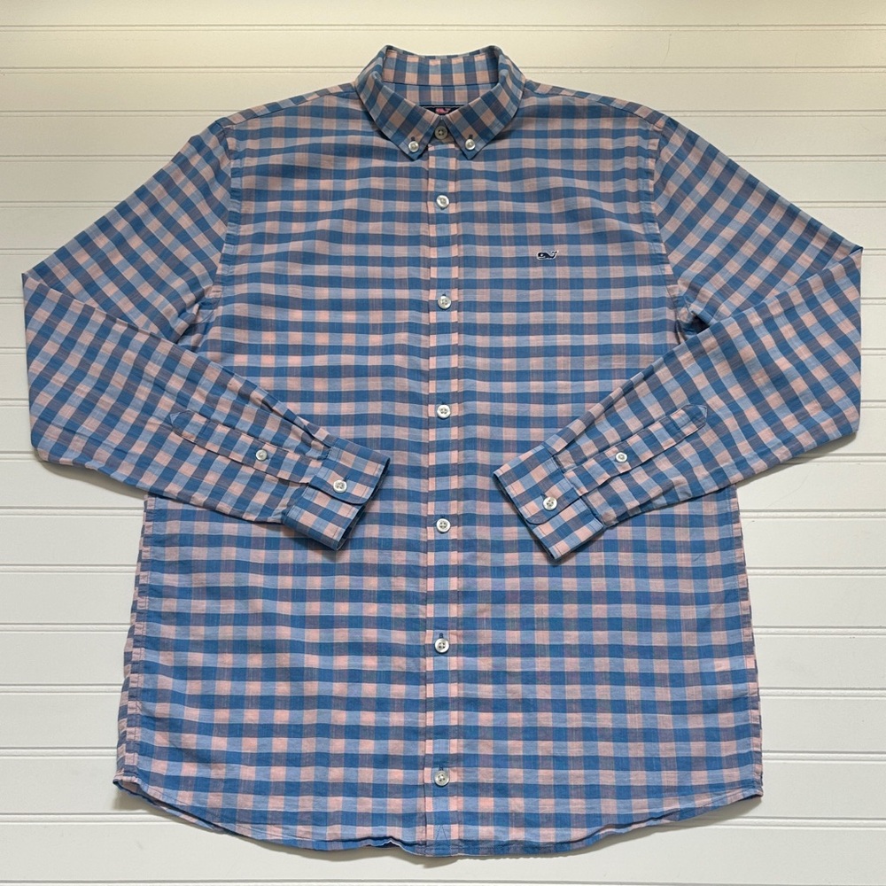 Vineyard Vines Blue & Pink Checkered Button Down Boys 18
